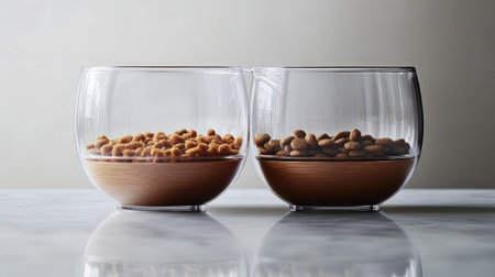 Stylish pet food storage bowls paired on a sleek marble surface, highlighting the harmony of materials and designs, perfect for modern pet owners who appreciate elegance.の素材