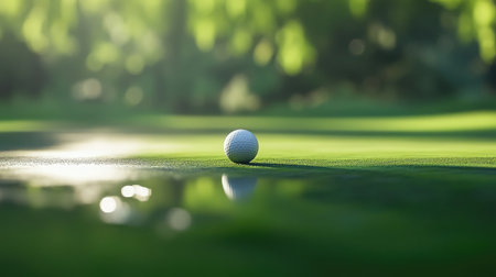 A serene golf scene featuring a single golf ball resting on a lush green lawn, softly illuminated by sunlight, perfect for capturing the essence of outdoor sport and nature.の素材