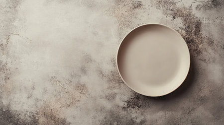 An empty round plate placed on a textured surface showcases neutral tones, perfect for food styling, table settings, and minimalist design projects. Ideal for culinary presentations.の素材