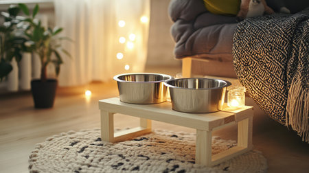 A cozy living room corner with stylish pet food bowls on a wooden stand, surrounded by soft textiles and warm ambient lighting, creating a tranquil atmosphere.の素材