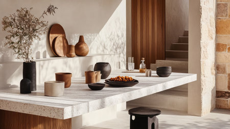 Bright and inviting modern dining area featuring a blend of unique tableware and natural materials, creating a serene and stylish atmosphere perfect for gatherings.の素材