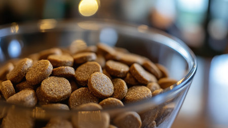 A close-up view showcasing round brown treats in a glass bowl, highlighting the appealing texture and inviting color against a softly blurred background, perfect for food enthusiasts.の素材
