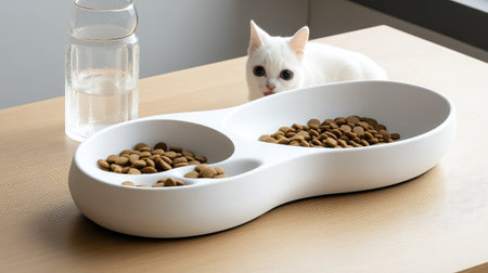 A modern cat feeding station with two compartments for food and a water bowl, paired with a cute white cat, set on a stylish wooden table. Perfect for pet lovers.の素材
