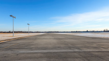 An empty asphalt runway stretches towards the horizon with snow lightly covering the ground, set against a vibrant blue sky, creating a serene and open landscape perfect for travel themes.の素材