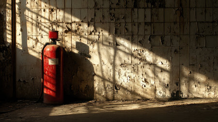 An intriguing view of a fire extinguisher against a backdrop of a distressed wall, highlighted by striking shadows, offering a glimpse into urban decay and safety in abandoned settings.の素材