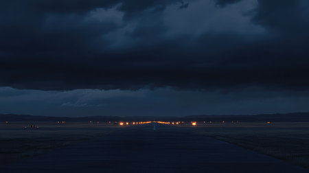 A dramatic and moody scene of an empty runway under stormy clouds, showcasing distant lights that add a sense of isolation and quiet beauty in the atmosphere.の素材