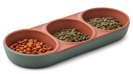 This pet feeding station features three separate compartments designed for optimal organization and convenience, ensuring a stylish and practical dining experience for your furry friends.の素材