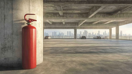 A striking red fire extinguisher stands in a spacious urban parking garage, with a vibrant city skyline visible outside, emphasizing safety and emergency preparedness in modern environments.の素材