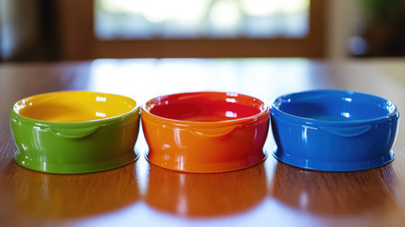 Bright and cheerful bowls in red, blue, green, and orange are arranged on a wooden table, ideal for serving snacks, fruits, or pet food in a lively home setting.の素材