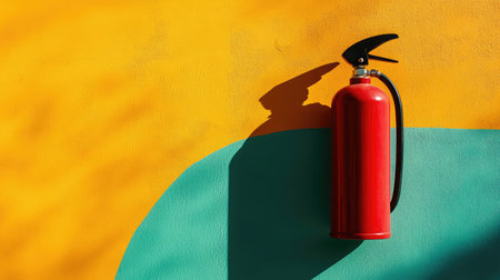 A striking image of a red fire extinguisher set against a yellow and teal wall, capturing the essence of safety, emergency preparedness, and modern design aesthetics.の素材