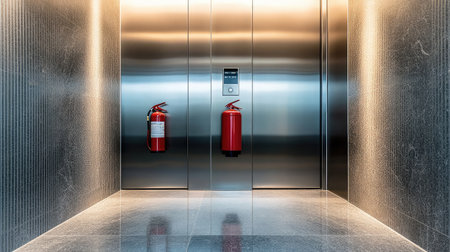 A modern elevator interior showcases fire extinguishers and sleek metallic surfaces, highlighting safety features in a well-lit, polished lobby space perfect for commercial use.の素材