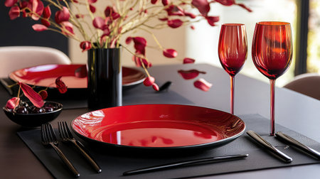 A sophisticated red table setting featuring elegant glassware and decorative flowers, perfect for modern dining experiences and special celebrations.の素材