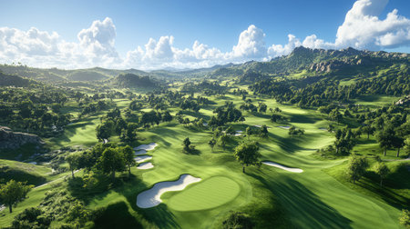 Breathtaking view of a golf course featuring lush greenery, rolling hills, and a picturesque sky, ideal for those seeking outdoor activity and relaxation in nature.の素材