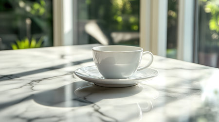 A pristine white coffee cup rests on a saucer atop a polished marble table, illuminated by soft sunlight, creating a calming and inviting atmosphere perfect for moments of relaxation.の素材