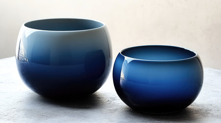 Two beautifully crafted blue gradient bowls sit elegantly on a minimalist surface, showcasing smooth textures and artistic design, perfect for enhancing home decor aesthetics.の素材