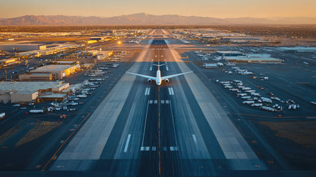 Stunning aerial view captures airplane taking off from a busy airport runway at sunrise, highlighting the beauty of modern aviation and vibrant landscape below.の素材