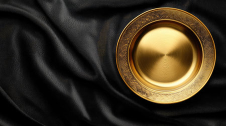 A stunning gold plate rests elegantly on luxurious black satin fabric, perfect for enhancing table settings and adding sophistication to dining events or special occasions.の素材