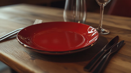 A vibrant red plate sits on a rustic wooden table, surrounded by elegant glassware and shining cutlery, ideal for any dining occasion, enhancing food presentation beautifully.の素材