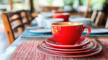 A vibrant red cup placed on stacked plates creates an inviting atmosphere for dining. Perfect for showcasing cozy meal settings in restaurants or homes.の素材
