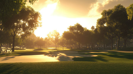 A breathtaking view of a golf course at sunset, showcasing lush greenery and illuminated trees, evoking peace and the joy of outdoor recreation amid natureの素材
