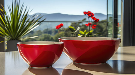 Two vibrant red bowls of different sizes are placed on a table, illuminated by natural light, overlooking a breathtaking mountain view adorned with beautiful flowers.の素材