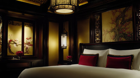 Discover a beautifully designed bedroom with rich wooden accents, soft ambient lighting, and traditional artwork, providing a serene and inviting atmosphere for relaxation.の素材