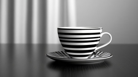 A stylish black and white striped cup on a saucer, accompanied by a spoon, set against a blurred curtain backdrop, capturing a modern and elegant dining atmosphere.の素材