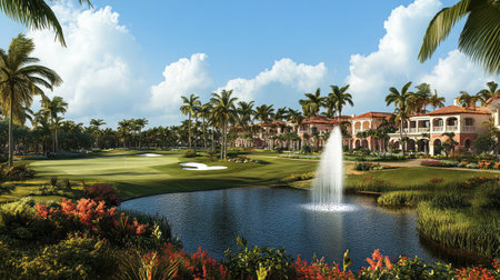 A stunning golf course scene featuring lush green fairways, tropical palm trees, and a serene water feature, perfect for showcasing relaxation and outdoor luxury.の素材