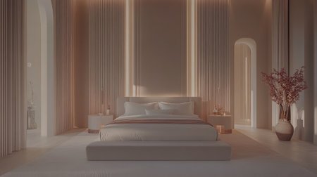 A stunning modern minimalist bedroom featuring soft neutral tones, elegant lighting, and stylish decor, creating a serene atmosphere perfect for relaxation and contemporary design.の素材