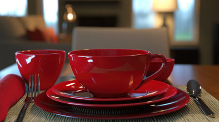 A beautiful red dinnerware set arranged on a stylish table, perfect for cozy gatherings, highlighting modern interior design with a warm ambiance and inviting atmosphere.の素材