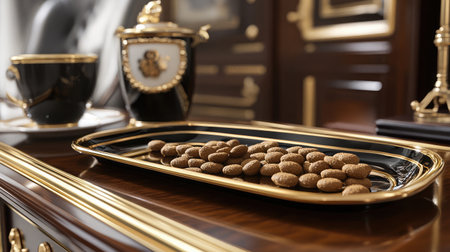 A sophisticated scene featuring a tray of cookies amidst a luxurious decor setup, highlighting fine craftsmanship and an inviting atmosphere. Perfect for upscale lifestyle themes.の素材