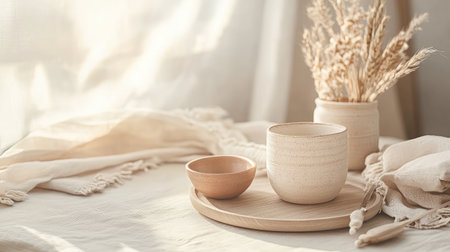 A beautifully arranged still life featuring minimalist ceramics, dried flowers, and soft textiles that create a serene and inviting atmosphere perfect for relaxation and home decor appeal.の素材