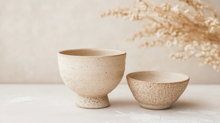 Serene and stylish arrangement of elegant ceramic bowls in soft earthy tones on a minimalist surface, accented by delicate dried flowers, ideal for decor inspiration.の素材