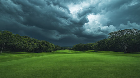 An expansive view of a golf course featuring a vibrant green landscape, framed by lush trees, beneath a dramatic sky filled with dark storm clouds. Ideal for nature enthusiasts.の素材