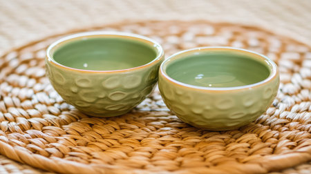 Two elegant green ceramic bowls with a textured surface displayed on a woven natural fiber mat, perfect for enhancing dining aesthetics and home decor styles.の素材