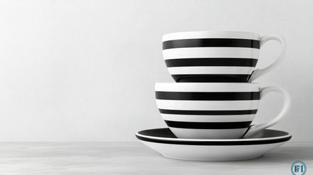 A pair of stylish black and white striped ceramic cups stacked elegantly on a minimalist table, perfect for modern kitchen decor and showcasing beverage serving ideas.の素材