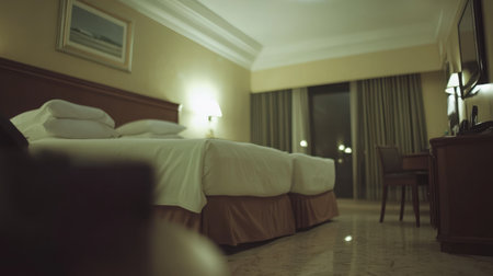 This image captures a cozy hotel room at night, featuring two inviting beds, soft lighting, and elegant decor, perfect for relaxation and comfort in a modern accommodation setting.の素材