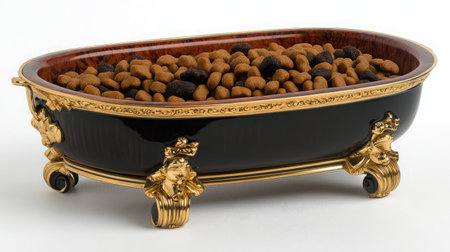 A stunning decorative bowl featuring a luxurious black and gold finish, filled with assorted pet food, perfect for pet lovers looking to elevate their home decor.の素材