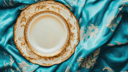 This image features an elegant vintage porcelain plate adorned with gold accents, placed on a luxurious turquoise silk fabric, creating a stunning visual for dining inspiration.の素材