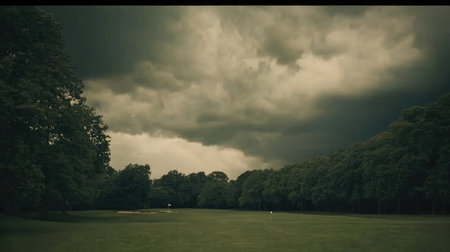 A serene golf course landscape featuring lush greenery and dark, dramatic clouds looming overhead, creating a moody yet peaceful ambiance ideal for nature lovers and photographers.の素材