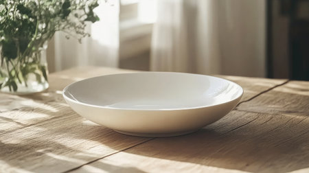 A minimalist white bowl rests on a rustic wooden table, illuminated by soft, natural light, accompanied by delicate greenery for a serene and inviting atmosphere.の素材