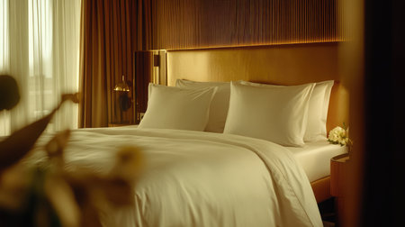 Experience a serene hotel room featuring luxurious bedding and soft lighting, perfect for relaxation and comfort, designed with a stylish modern aesthetic in mind.の素材