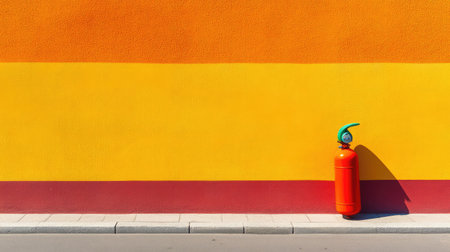 A bright orange fire extinguisher stands against a vibrant wall, featuring bold colors of red and yellow, symbolizing safety in urban environments. Ideal for safety awareness.の素材