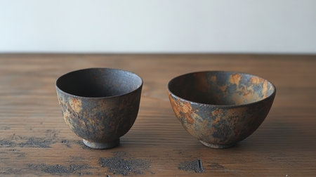 Two rustic iron bowls rest on a wooden surface, featuring unique textures and earthy tones that embody minimalist and industrial styles, ideal for any decor.の素材