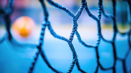 A close-up view of a soccer net with a soft ball blurred in the background, conveying the excitement and energy of sports and recreational activities in vibrant colors.の素材