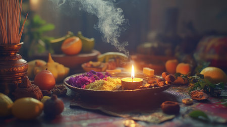 A beautifully arranged ritual table features a glowing candle with smoke, colorful offerings, and fresh fruits, creating a warm and inviting atmosphere for spiritual practice or celebration.の素材