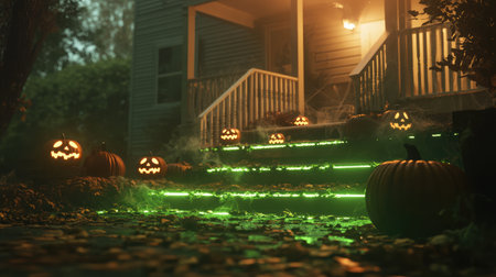 An enchanting Halloween scene features illuminated jack-o'-lanterns lining the front steps of a mysterious house, set in a foggy atmosphere with vibrant green lights illuminating the darkness.の素材