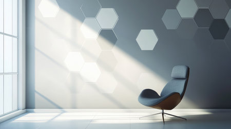 This image showcases a modern interior featuring a cozy chair and hexagon wall art in a sunlit room, emphasizing contemporary design and minimalist aesthetic for fresh home inspiration.の素材