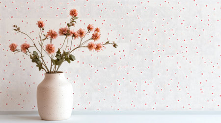 A charming floral arrangement in a cream-colored vase, set against a textured background adorned with subtle red polka dots, ideal for home decoration and interior design inspiration.の素材