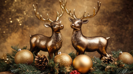 Capture the essence of the holiday spirit with this elegant arrangement of golden reindeer and decorative ornaments against a sparkling background, perfect for festive occasions.の素材